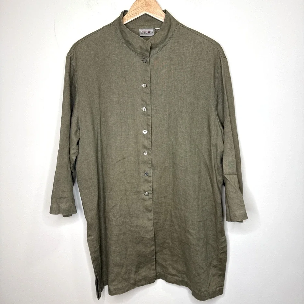 Chicos 100% Linen Button Up Tunic Top L Green Band Collar Sustainable Lagenlook - Picture 1 of 4